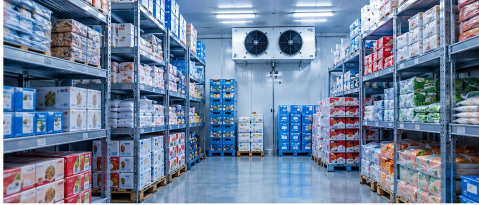 Cámara de congelación industrial con estanterías. Imagen ilustrativa de soluciones frigoríficas